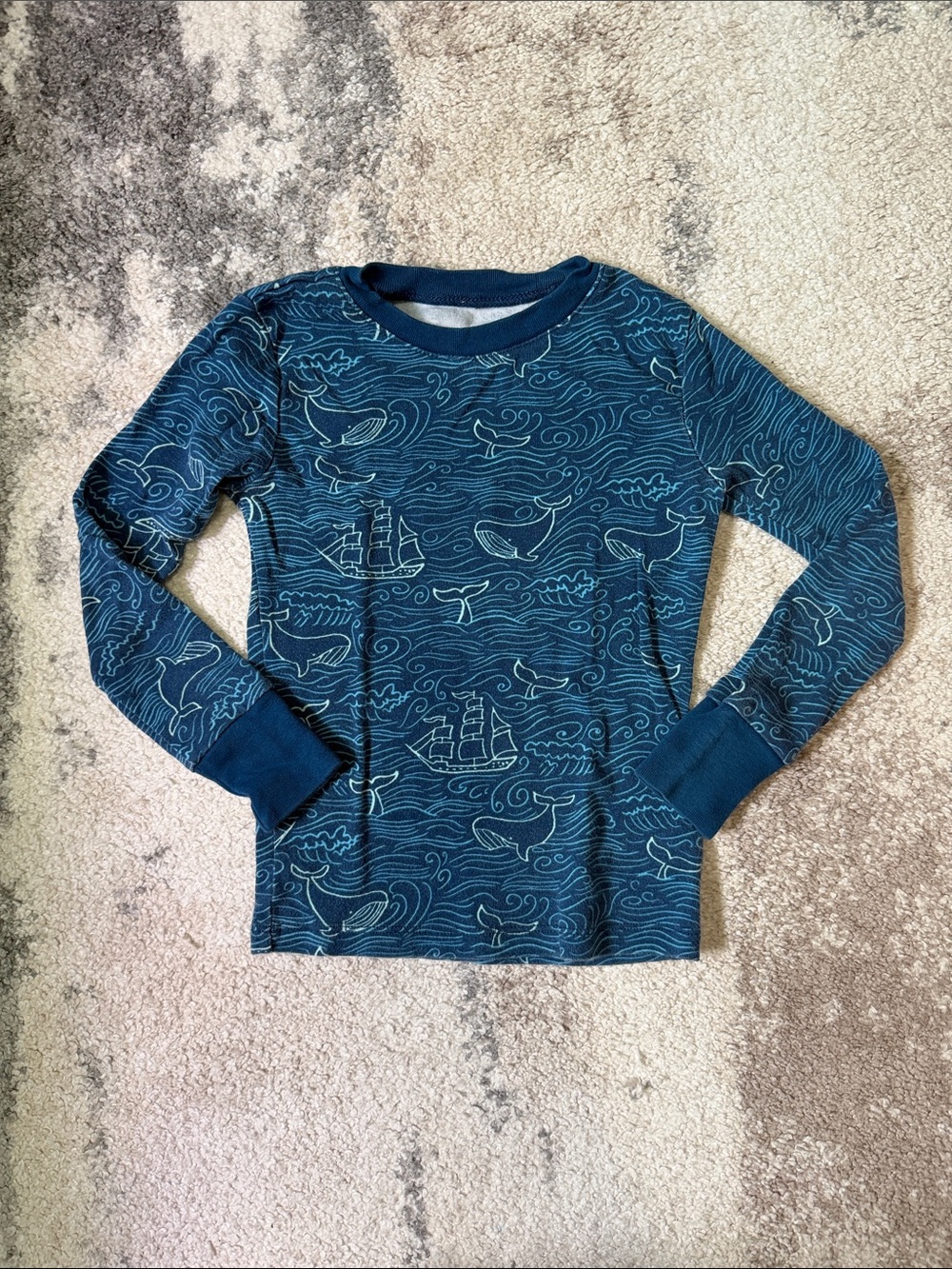 Amazon Essentials Navy and Light Blue Ocean Illustration Long Sleeve Pajama Top